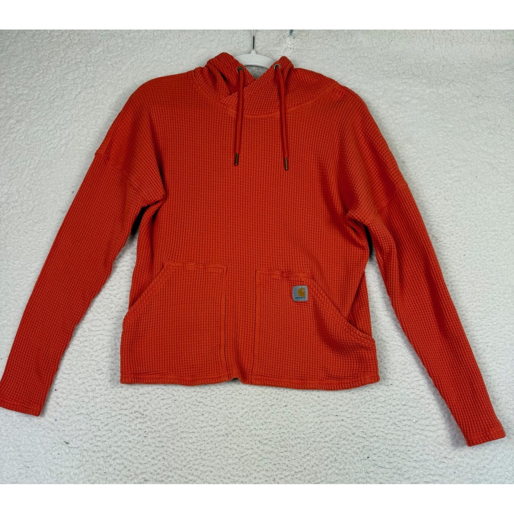 Carhartt Womens S Orange Thermal Hoodie Waffle Knit Relaxed Fit Heavyweight